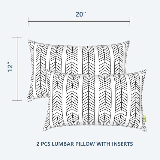 LVTXIII Set of 2 Patio Lumbar Pillows, 12”x20” Fade Resistant Outdoor Lumbar Pillow with Inners, Fluffy Decorative Garden Lumbar Cushions for Home Patio Coach Sofa Use, Herringbone Black White