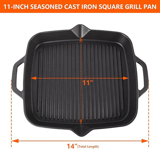 11" Cast Iron Square Grill Pan, Professional Pre-Seasoned Griddle with Handles, Heavy Duty Cooking Skillet, Induction Compatible, Suitable for Stovetop, Oven, BBQ & Fire, Indoor Outdoor Use