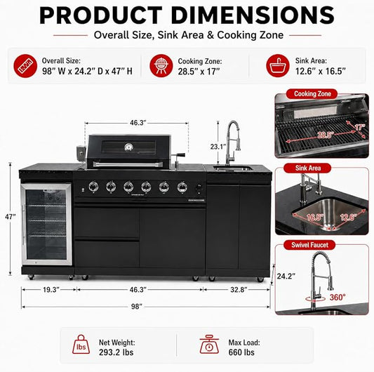 98-Inch Outdoor Kitchen Grill Island, 6-Burner 72,000 BTU Propane Gas BBQ Grill with Refrigerator, Rotisserie Kit, Stainless Steel Countertops, Storage Cabinets & Drawers, Black