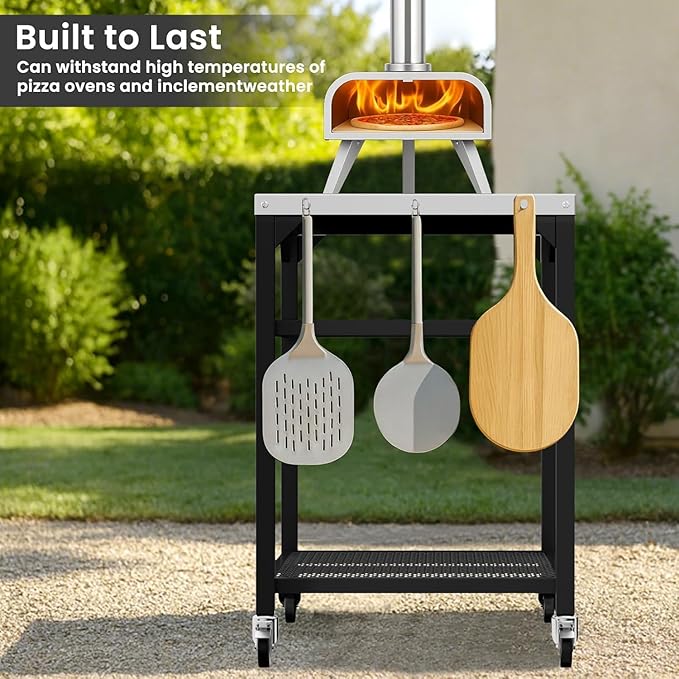 Hisencn Pizza Oven Table Cart for Ninja Woodfire, Blackstone, Cuisinart Pizza Oven, Outdoor Grill Cart, Stainless Steel Portable Grill Tables Grill Stand, Modular Table, Food Prep Carts with Hooks