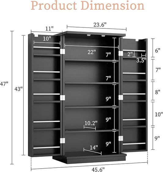 Pantry Cabinet, 47in Wooden Kitchen Storage Pantry Cabinet, Freestanding Storage Cabinets with 2 Doors, Adjustable Shelves, Black