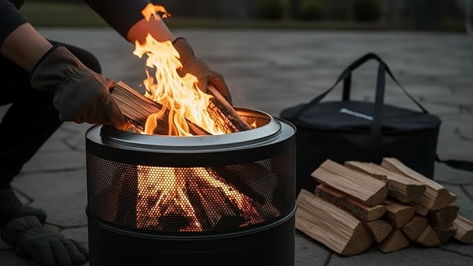 Outdoor Smokeless Fire Pit, 20'' Portable FirePits for Camping, Smokeless FirePit for Outside with Carry Bag, Wood Burning Stove, Stainless Steel,Black