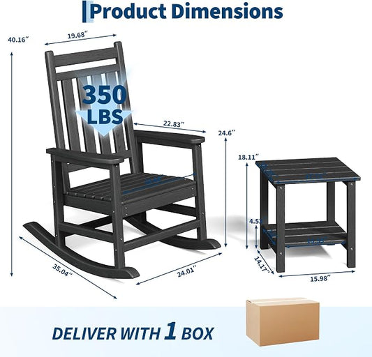 Garvee HDPE Rocking Chair Outdoor Set of 4 with 2 Side Table - Poly High Back Porch Rocker Chairs for Adults - All Weather Resistant Furniture for Patio Front Porch - Black