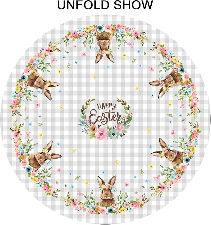 Sweetshow Happy Easter Wreath Table Cloth Round Colorful Flowers Grey White Buffalo Plaid Rabbit Tablecloth 70 Inch Decor Washable Stain and Wrinkle Spring Floral Round Table Cover for Dining Picnic