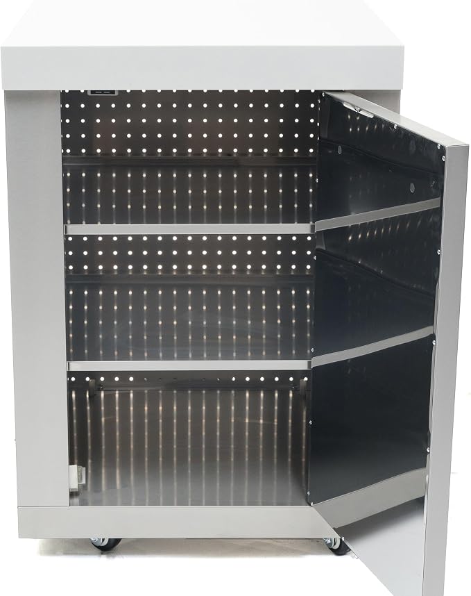 Mont Alpi Outdoor Kitchen Island Extra Storage Cabinet Module - Stainless Steel | Magnetic Door | White Granite Countertop | 2 Shelves | 25 in