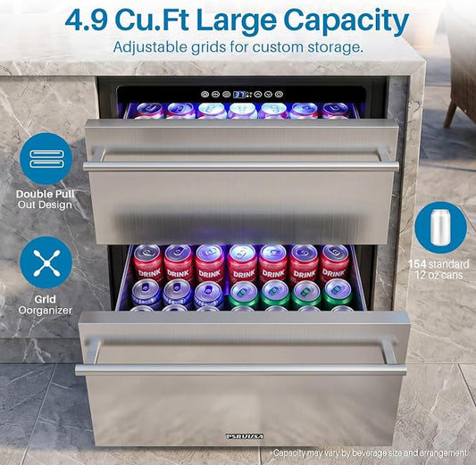 24 Inch Outdoor Drawer Refrigerator, 154 Cans Drawer Beverage Fridge, Freestanding or Built-In Outdoor Beverage Refrigerator with Stainless Steel Drawers for Kitchen, Patio, Home Bar