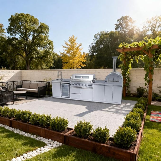 128-Inch 120000- BTU Stainless Steel Propane Gas BBQ Grill Modular Outdoor Kitchen Island,485Sq.In Cooking Area,Pizza oven,Wine Cooler,Refrigerator,Rotisserie,Storage Cabinets & Drawers,Silver