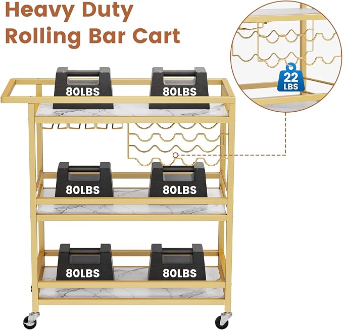Leteuke Bar Cart for Home, 3 Tier Gold Serving Rolling Carts with Wheels | Drink Cart, Liquor Stand with Marbled Wooden Shelves, Wine Rack and Glass Holder for Kitchen, Dining Room