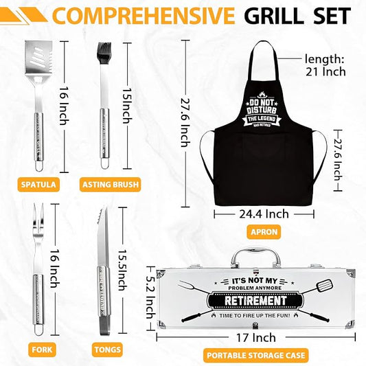 Retirement Gift for Men BBQ Grill Tools Set with Spatula Fork Tongs Brush Apron Heavy Duty Stainless Steel Grilling Accessories in Aluminum Case Retired Gifts for Dad Grandpa Coworker Teacher Boss