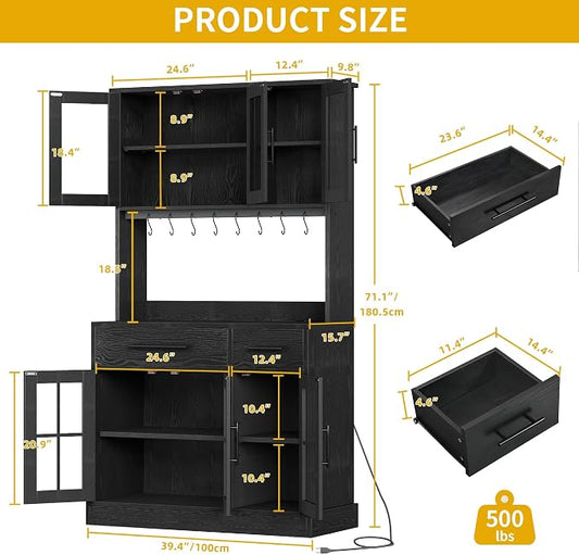 DWVO Kitchen Pantry Storage Cabinet with Microwave Stand, 71'' Tall Kitchen Hutch Cabinets with Power Outlet, Modern Food Pantry Hutch with Drawers & Shelves for Home, Pack of 1, Black | 71" Tall Kitchen Hutch Cabinets with Power Outlet, Modern Food Pa...