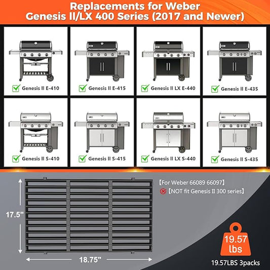 QuliMetal 66089 66097 18.7" Grill Grates for Weber Genesis 2 E-410/E-415/E-435, Grill Parts for Genesis II/LX E-440 Series Gas, Upgraded Cast Iron Grill Grates Replacements for Weber Genesis GS4
