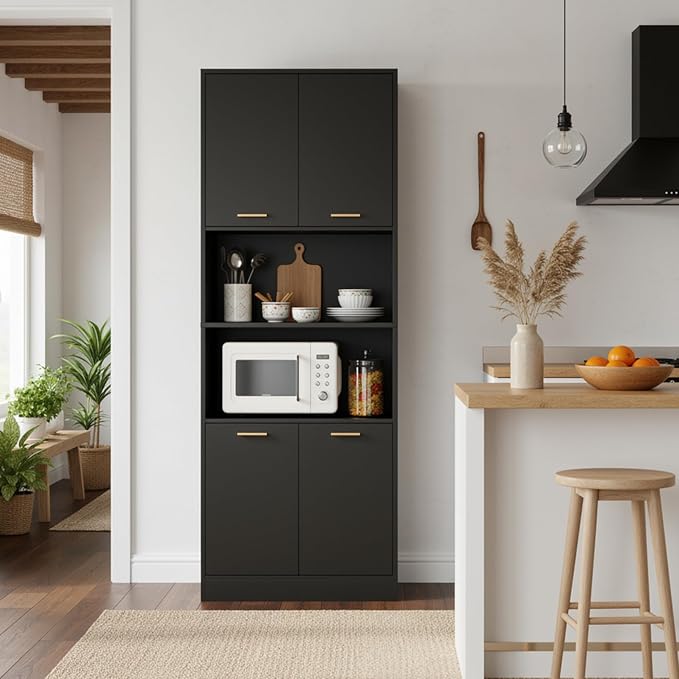 Keyluv 71" Kitchen Pantry Storage Cabinet, Kitchen Cabinet Hutch, Black | Freestanding Kitchen Hutch with Microwave Stand and Doors, Coffee Bar with Adjustable Shelves for Dining Room Living Room