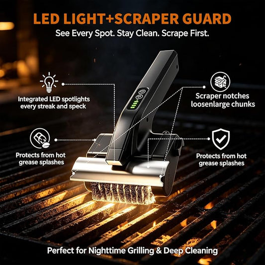Electric Grill Brush, High Torque BBQ Bristle-Free Cleaner – Rechargeable Cordless with LED Light, Splash Guard & Scraper, Heavy Duty Grill Cleaner Tool for Outdoor Grill, Gift for Men Dad