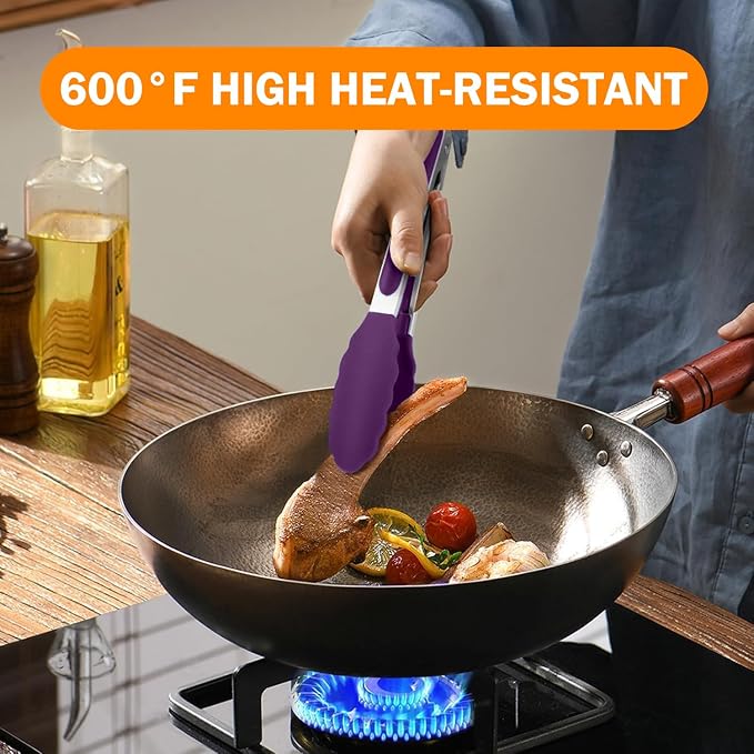 Tongs for Cooking, 600ºF High Heat-Resistant Stainless Steel Kitchen Tongs with Silicone Tips, Non Scratch, Locking Tong for BBQ Grilling Air Fryer Food Salads, Set of 2 (9" and 12") Purple