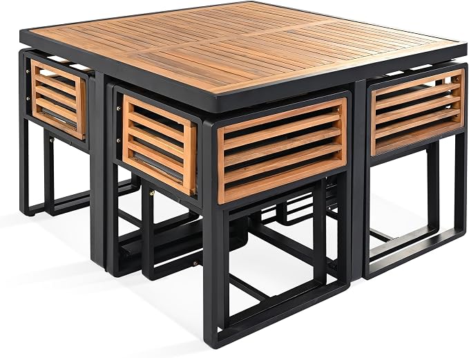 Merax 9-Piece Patio Dining Set for 8 People, Acacia Wood Outdoor Furniture Sets with 1 Square Table, 4 Cushioned Chairs and 4 Ottomans for Backyard, Garden, Lawn, Poolside, Space Saving Design, Gray