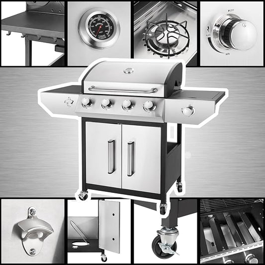 Kendane 4-Burner Propane Gas BBQ Grill with Side Burner, Barbecue Gas Grill with Enameled Cast Iron Grates for Outdoor Patio Garden Barbecue, 53,000 BTU, Stainless Steel Grill Cover included