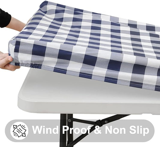 Smiry Square Picnic Table Cloth, Elastic Waterproof Fitted Vinyl Tablecloths, Flannel Backed Buffalo Plaid Table Covers for Dining, Camping, Outdoor (White and Navy, 24" x 24")