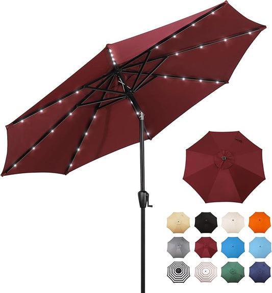 Sun-Ray 9' Round Patio Umbrella with 32 Solar Powered LED Lights, Push-Button Tilt and Hand Crank Lift, Solar Umbrella in Burgundy for Porch, Deck, and Patio