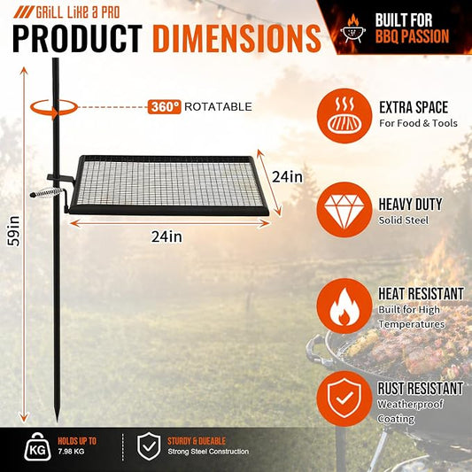 24" x 24" Fire Pit Campfire Grill Grate Campfire Grill Portable Open Fire Cooking Heavy-duty Foldable Camping Cooking Barbecue Rack Easy Setup & Adjustable Height for Outdoor BBQ