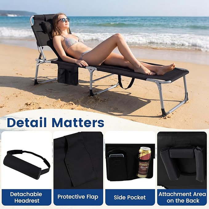 COSTWAY Tanning Chair with Face Hole, Folding Beach Lounge Chair with 4-Position Adjustable Backrest, Pillow & Side Pocket, Foldable Chaise Lounge Chair Outdoor for Sunbathing, Camping (2, Black)