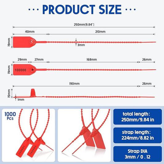 1000 Pcs Plastic Tamper Seals Fire Extinguisher Tags Security Tags Seals Safety Numbered Zip Ties Labels Safety Disposable Self Locking Signage 250 mm Length (Red)