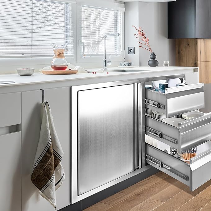 Outdoor Kitchen Drawer Combo, Stainless Steel Sealed Storage Combo with Triple Drawer, Outdoor Kitchen for BBQ Island, Grilling Station, Outside Cabinet (27.8" W x 21.8" D x 19.6" H)(Right Drawer)