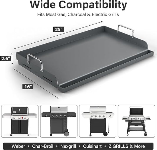 25" x 16" Cast Iron Flat Top Griddle - 23lb Heavy Duty - Oil Coating Non-Toxic - High Sidewalls Universal Grill Insert Fits Gas/Charcoal/Electric Grills for Weber Charbroil Nexgrill