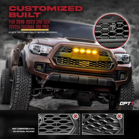 OPT7 Amber Safety Lights for 3rd Gen Tacoma TRD PRO 2016-2023, Front LED Grille Light + Tailgate Light Bundle Kit