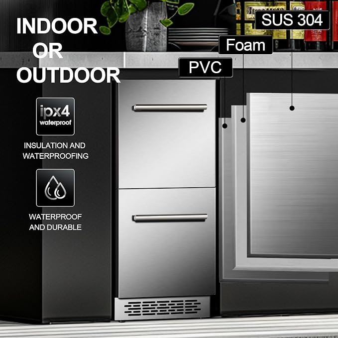 15 Inch Double Drawer Refrigerator,Under Counter Beverage Fridge for Indoor Outdoor Kitchen,3.39 Cu.Ft. Waterproof Silver&Black Stainless Steel Refrigerator