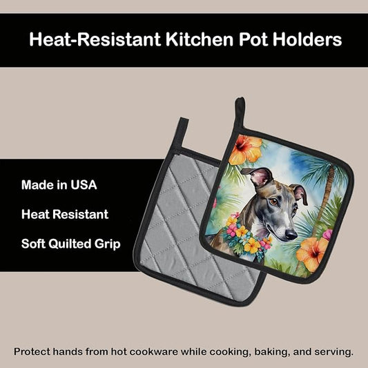 Caroline's Treasures Greyhound Luau Pair of Pot Holders Kitchen Heat Resistant Pot Holders Sets Oven Hot Pads for Cooking Baking BBQ, 7 1/2 x 7 1/2