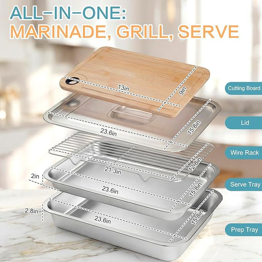Gisafai 24 x 16 Inch Exlarge Grilling Prep and Serve Trays 5-in-1, Stainless Steel Food Prep Tray Set Grill Carry System Marinade Container with Lid Cooling Rack Gifts for Outdoor BBQ Accessories