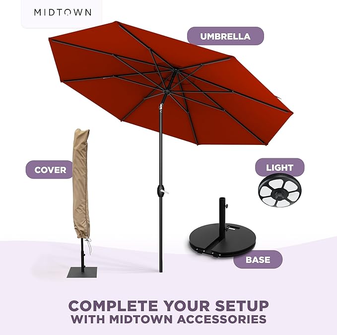 Midtown Umbrellas - 10-Year-No-Fade 6 Ft Patio Umbrella with Terylast Fabric, Auto-Tilt Aluminum Frame and 8 Reinforced Ribs for Deck, Pool, Garden & Beach - Apple Red Canopy, Black Pole