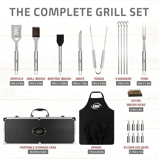Kaluns Grilling Accessories, Dad Gifts for Fathers Day, Mothers Day Grilling Gifts, Heavy Duty Stainless Steel BBQ Tool Set for Outdoor Grill with Aluminum Case and Apron, Birthday Gifts for Men