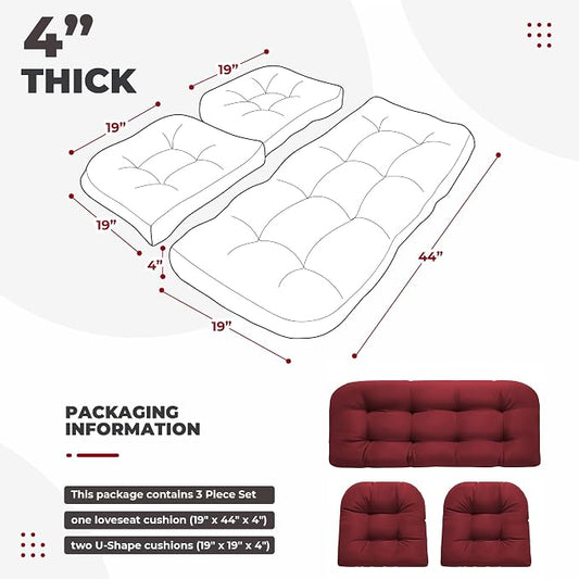 DANGHOOGY Wicker Chair Cushions, Waterproof Outdoor Loveseat Cushions for Patio Furniture, Tufted Wicker Furniture Cushions, 1 Loveseat and 2 U-Shaped Cushions, Red