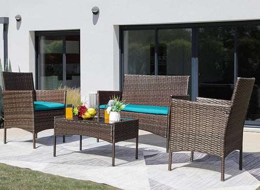Greesum Patio Furniture 4 Pieces Conversation Sets Outdoor Wicker Rattan Chairs Garden Backyard Balcony Porch Poolside loveseat with Soft Cushion and Glass Table, Brown and Blue
