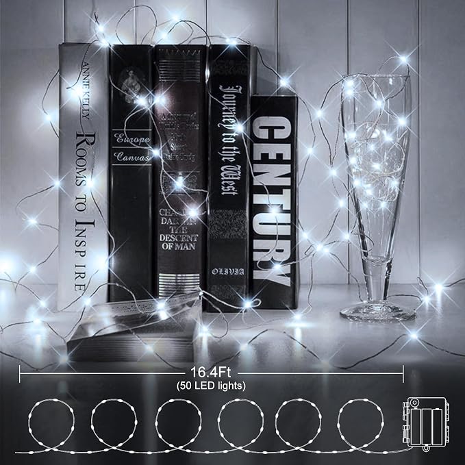 4 Pack Green Wire Fairy Lights Battery Operated Twinkle Lights | 16.4 Ft 50 LED Battery Christmas Lights Waterproof with Auto Timer 8 Modes for Xmas Wreath Tree Decor, Cool White