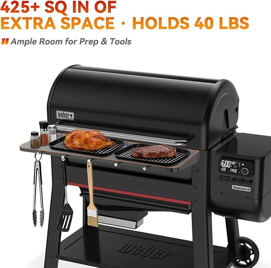 36" Front Folding Table for Weber Searwood 600 XL Pellet Grill with 5 Tool Hooks, Grill BBQ Prep Table Accessory, 425+ Sq In Workspace, 40 lb Load Capacity, Locking Fold-Down Design
