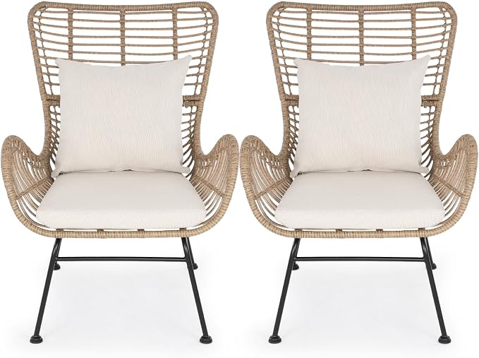 IDZO Isabelle Upgraded 2000 Hours UV Wicker Chairs Outdoor Set of 2, 500 lbs Capacity Outdoor Patio Chair, All-Weather Club Chair with Water-Resistant Olefin Cushions, Boho Style, Beige