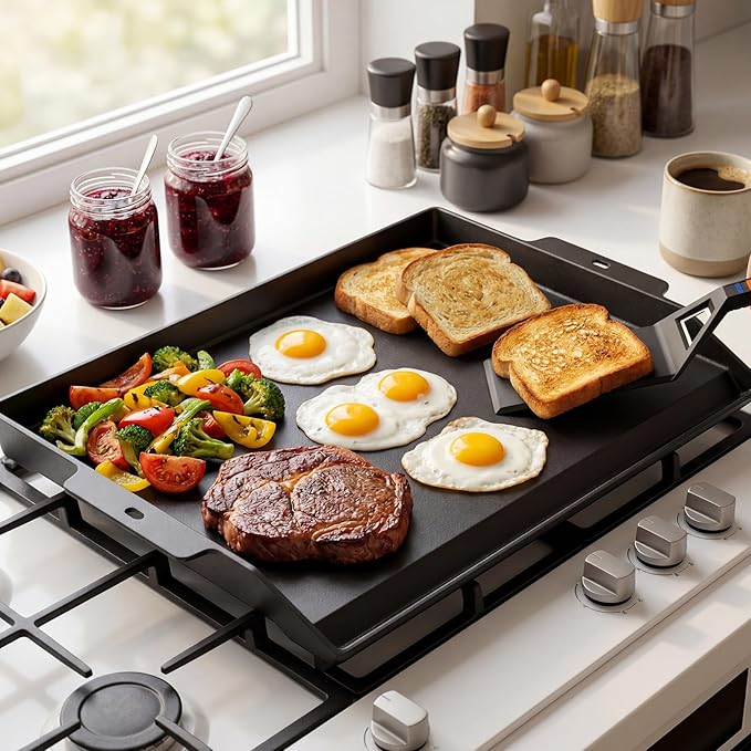 Utheer Griddle Kit, 25" x 16" Pre-Seasoned Cast Iron Flat Top Griddle with 5-Piece Scratch-Free Silicone Tools, Universal Grill Griddle for Gas Grill & Stove Top, BBQ, Camping and Cooking