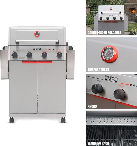 Monument Grills 4 Burner Stainless Steel Propane Mesa2 Gas Grill, 500°F in 5 Mins, 525 sq.in, 37,000 BTU, Broil Zone, Foldable Side Shelves, Knob Control, Built in Thermometer, with 5 Accessories
