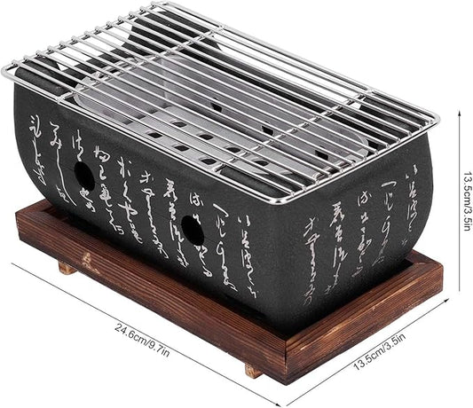 Japanese Charcoal Barbecue Grill, Household Aluminium Alloy Japanese BBQ Grill with Wire Mesh and Wooden Base Portable Barbecue Stove for Outdoor Camping Picnic