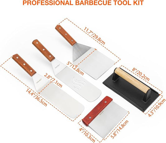 onlyfire Professional Flat Top Barbecue Tool Kit Grill Griddle Tools | Griddle Accessories for Camping, Outdoor Hibachi, Backyard-5 pcs