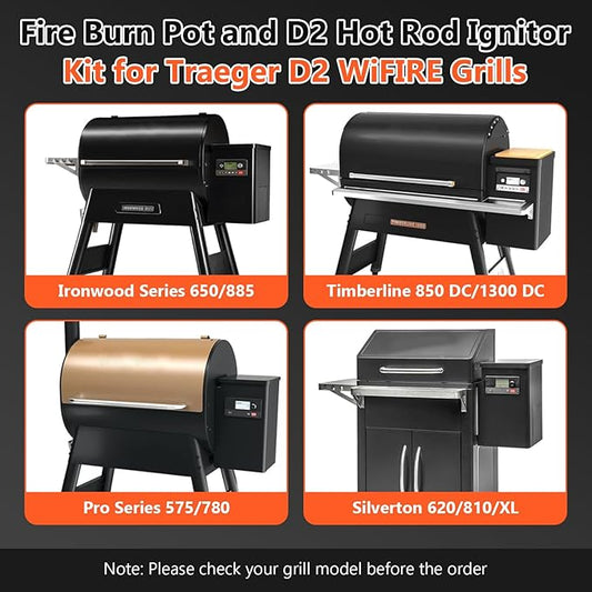 QuliMetal 304 Stainless Steel Fire Burn Pot and D2 Hot Rod Ignitor Kit for Traeger Pro 575 & 780, Ironwood 650 & 885, Silverton 620 & 810 Wood Pellet Grills with D2 Direct Drive and WiFIRE Technology