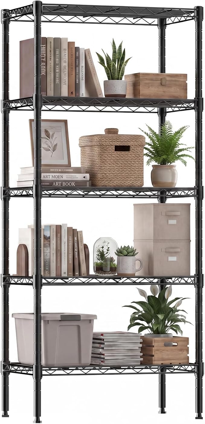 DUMOS 5-Tier Metal Wire Storage Shelves, Adjustable Standing Storage Rack Shelf, Heavy Duty Steel Shelving Unit Organizers for Kitchen Bathroom Pantry Garage, 23.2" Wx13.4 Dx60.1 H, Black