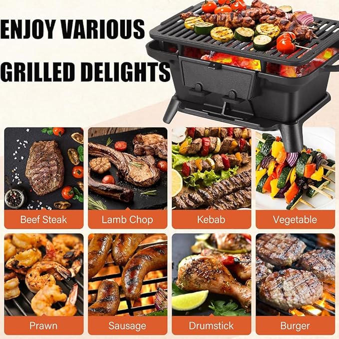 Grill Outdoor, Portable Charcoal Grill and Tabletop Cast Iron Skillet - 100% Cast Iron, Enameled, Durable for Camping, Tailgating, Picnics & Hunting (Square)