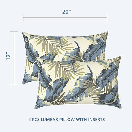 LVTXIII Set of 2 Patio Lumbar Pillows, 12" x 20" Fade Resistant Outdoor Lumbar Pillow with Inners, Fluffy Decorative Garden Lumbar Cushions for Home Patio Coach Sofa Use, Lush Palm Blue
