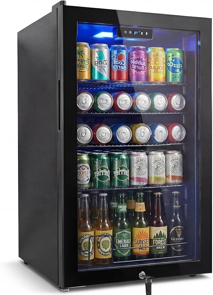 20 Inch Beverage Refrigerator, Mini Fridge with Glass Door for Soda Beer–130 Can Small Fridge for Home Office Bar, 3.4 Cu.Ft Drink Cooler with Reversible Door, Digital Temperature Control,Black