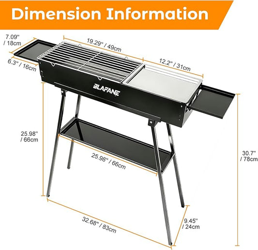 Charcoal Grill, Alloy Steel BBQ Barbecue Outdoor Grilling with Durable Support Frame and Dual Adjustable Vents for Tailgate Patio Beach Backyard(31.6x7.1x5.1 inch with Flat Grill Plate), Black