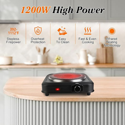 1200W Electric Infrared Single Burner, Single Hot Plate with Stepless Temperature Adjustments, Portable Counter Single Stove with 7.5β Glass Cooktop for Home RV Camp Cooking