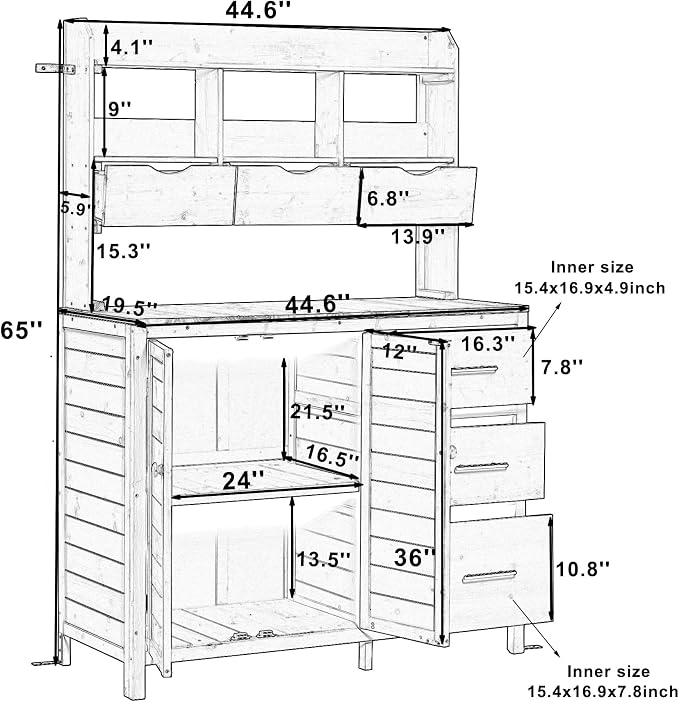 Merax Farmhouse Potting Bench with 6 Drawers, 44.6” Large Garden Workstation, Outdoor Kitchen Island with Bottom Cabinet & Hooks, Freestanding Patio Furniture,Gray